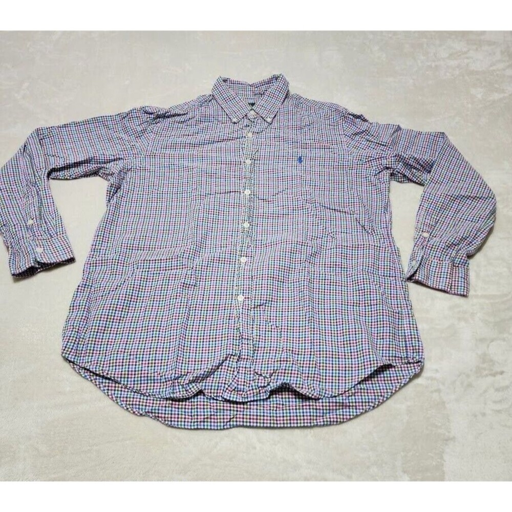 Ralph Lauren Polo Shirt Mens Sz L Multicolor Gingham Check Button Down Blue Pony